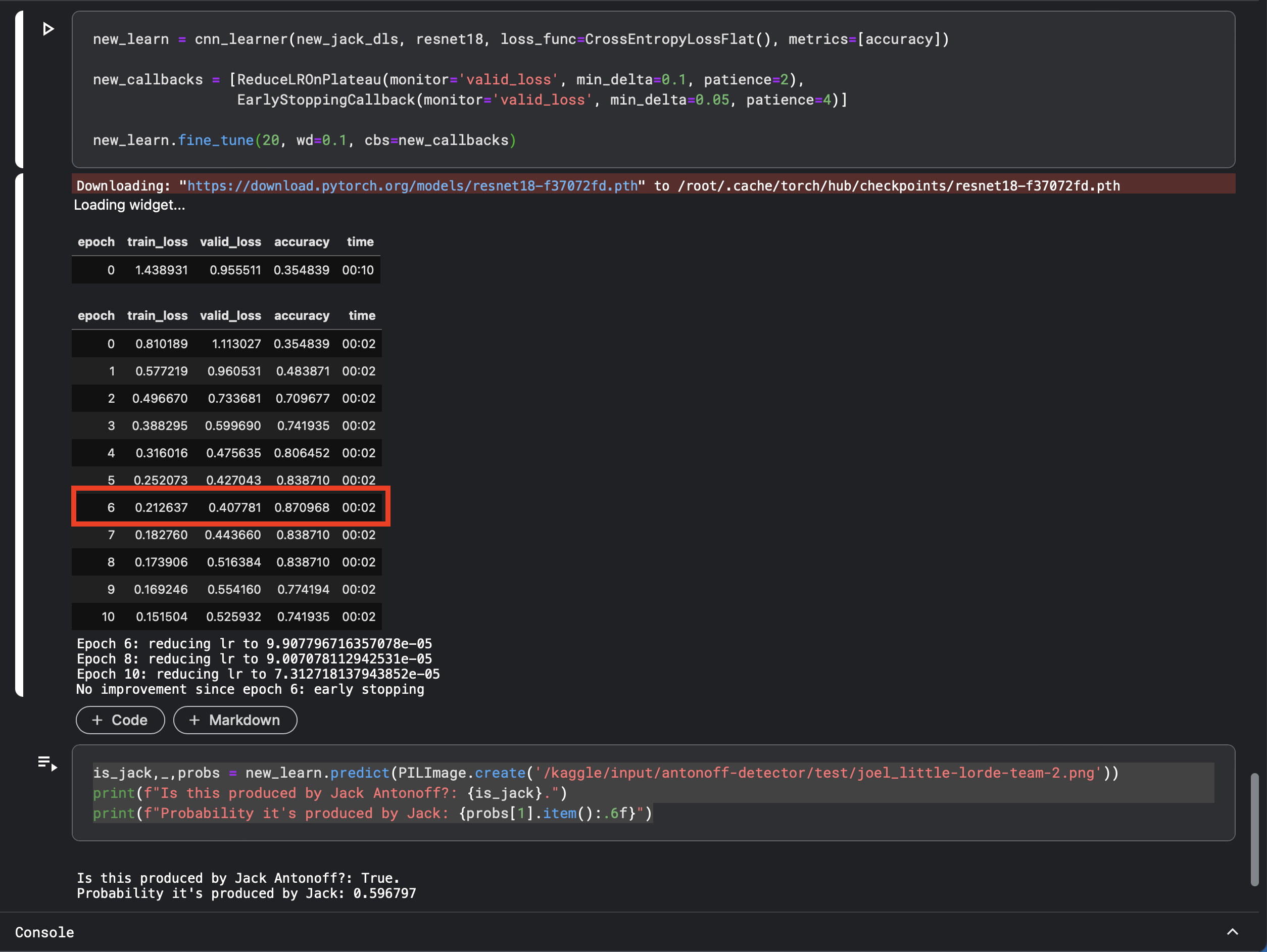 Screenshot of the output of the first model training run showing 87% accuracy