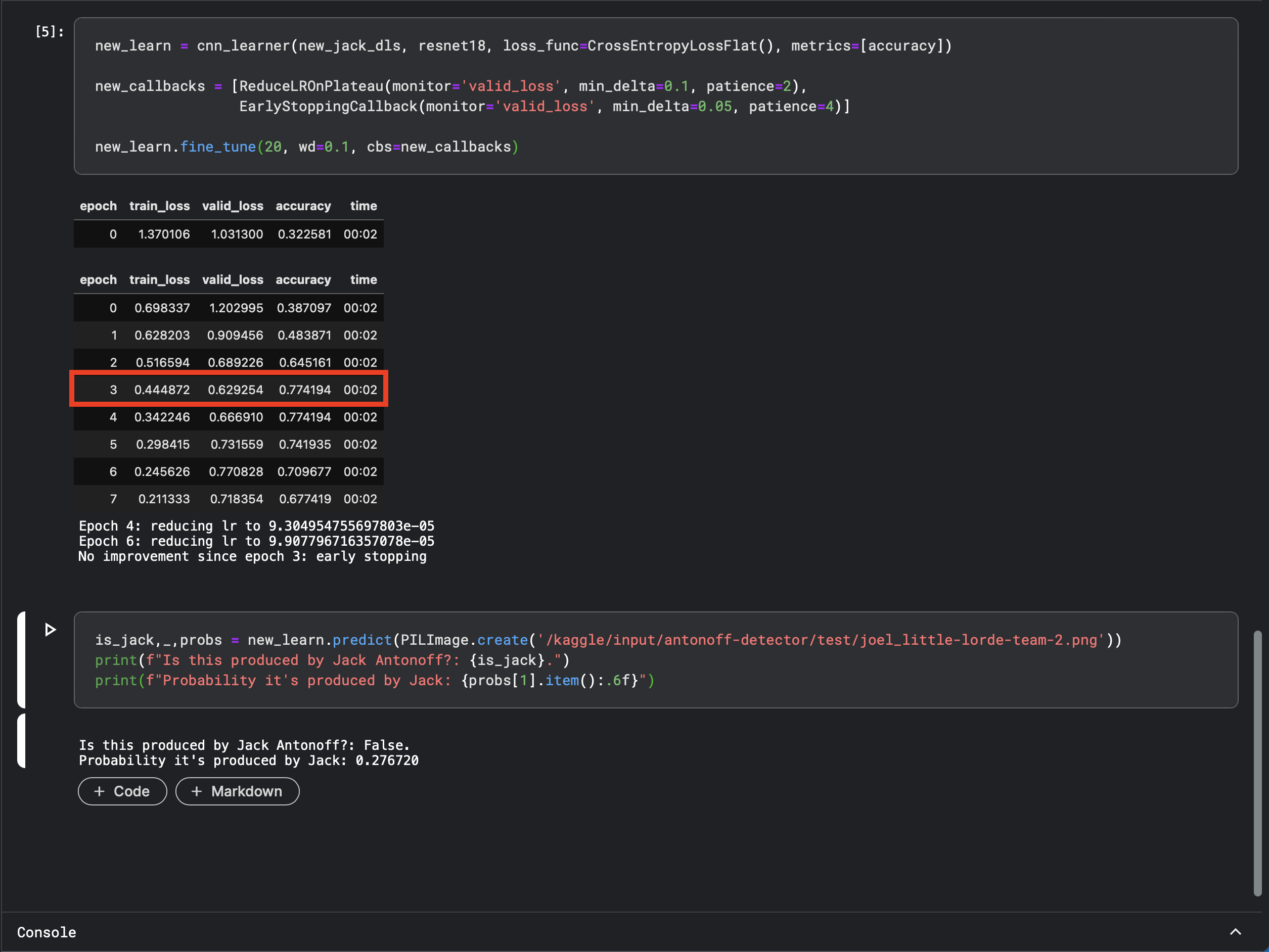 Screenshot of output of second model training run showing 77% accuracy